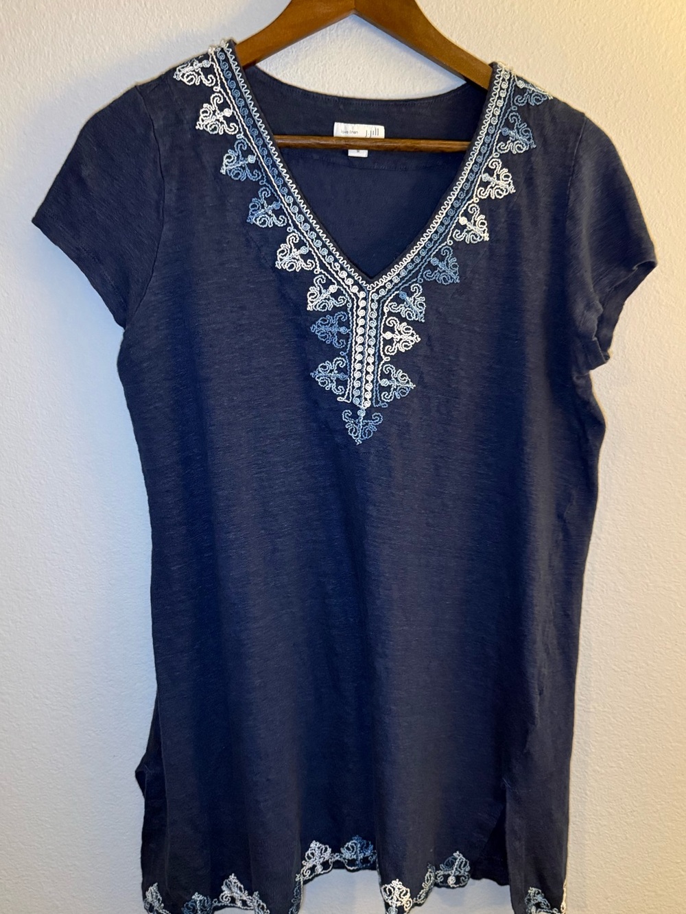 J. Jill Navy V-Neck Tunic with White Embroidery